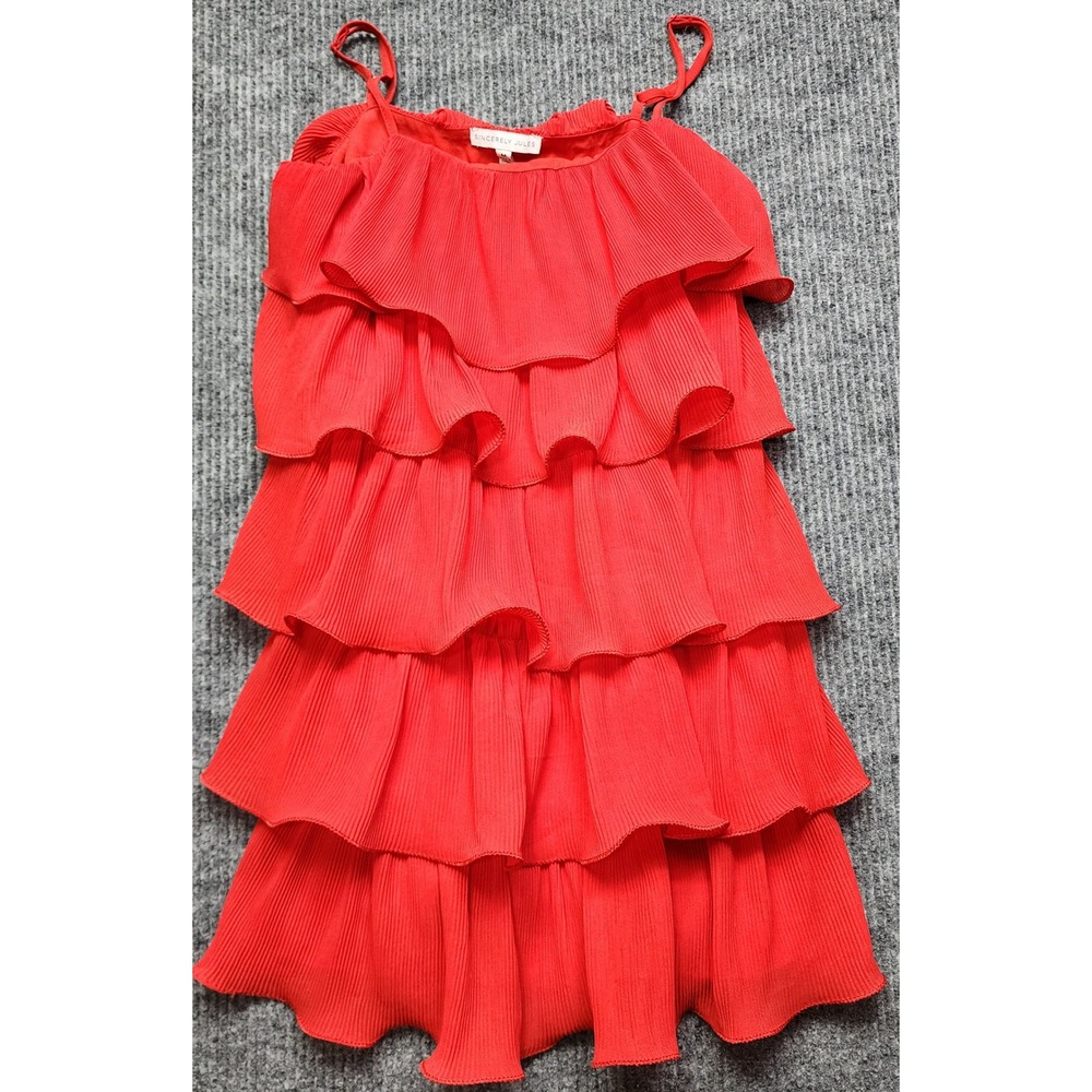Sincerely Jules Red Tiered Ruffle Pleated Mini Dress Women M flapper party salsa